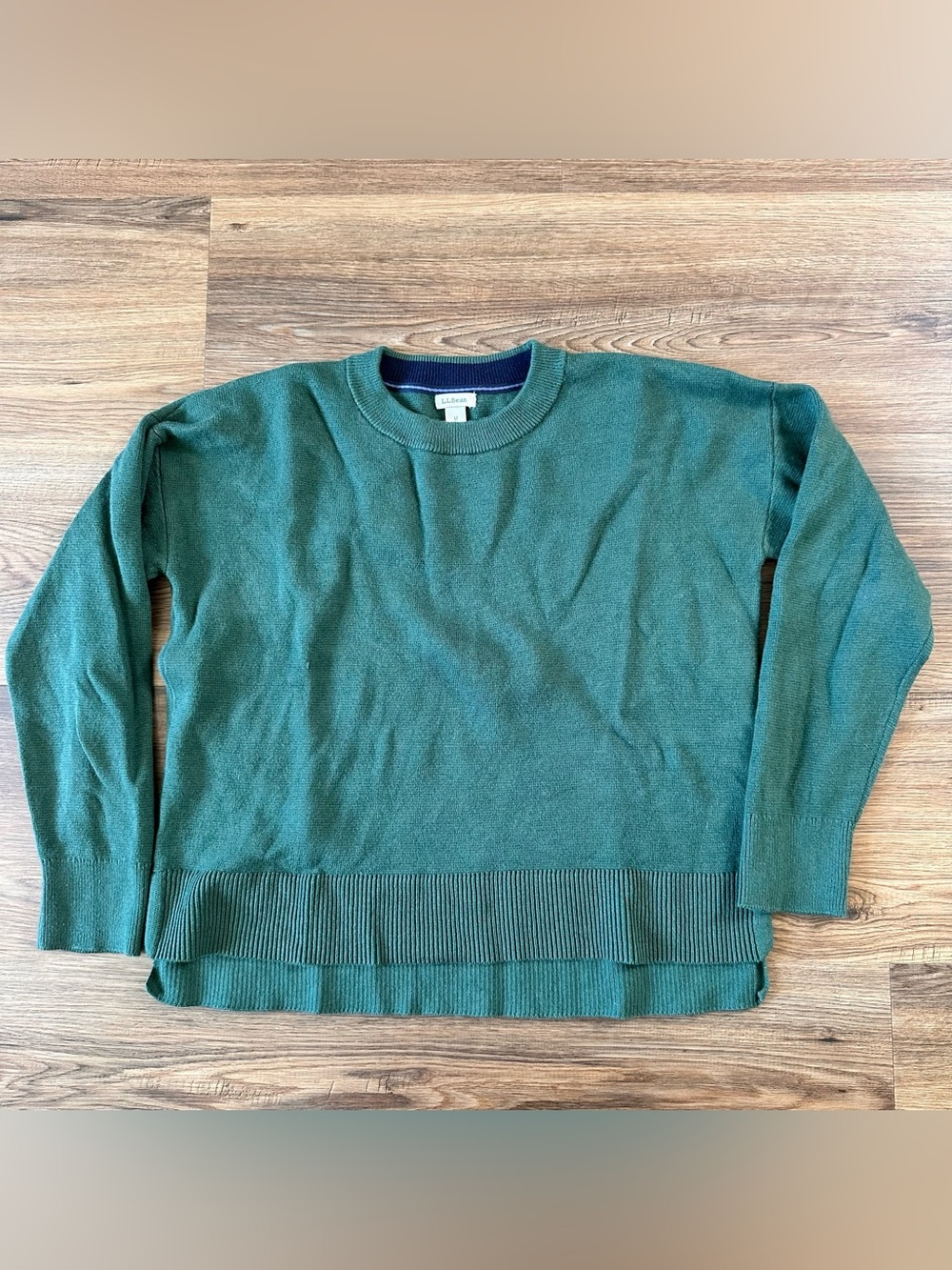 LL Bean Crew Neck Sweater Green Cotton Cashmere Blend Women Medium Classic Cabin